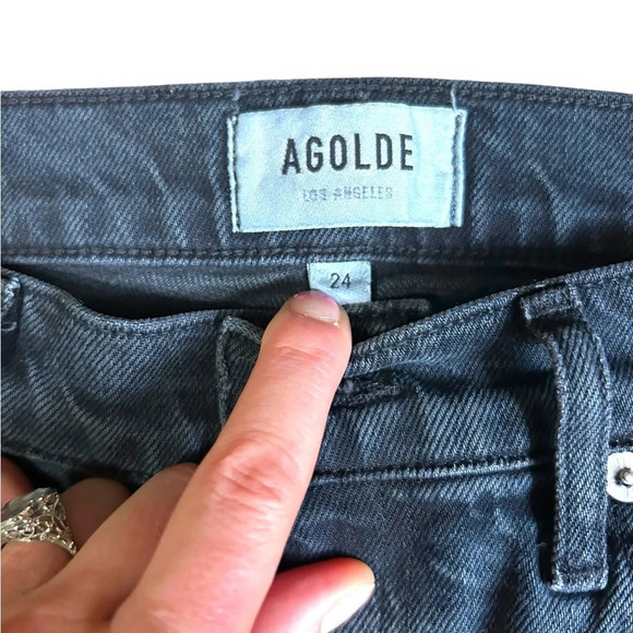 Agolde Toni Mid Rise Straight Jeans black distressed denim raw hem size 24 - Picture 6 of 11